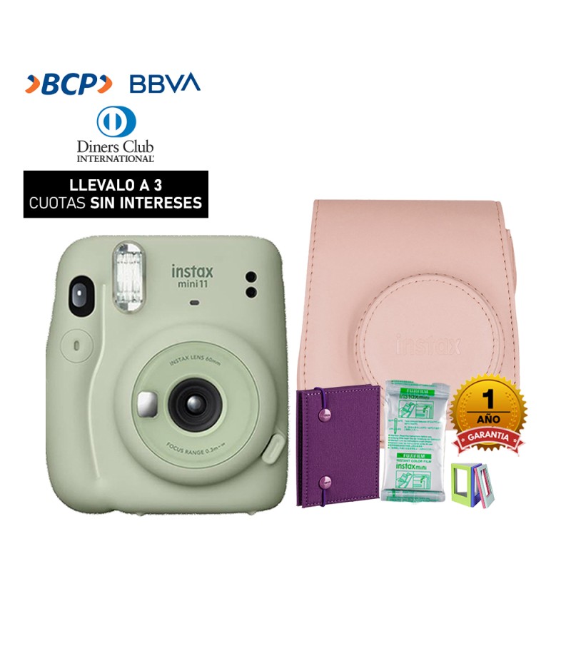 Camara Fujifilm Instax Mini Verde Pastel+Estu  Rosado+Peliculax10+Album14F+Mini Marco