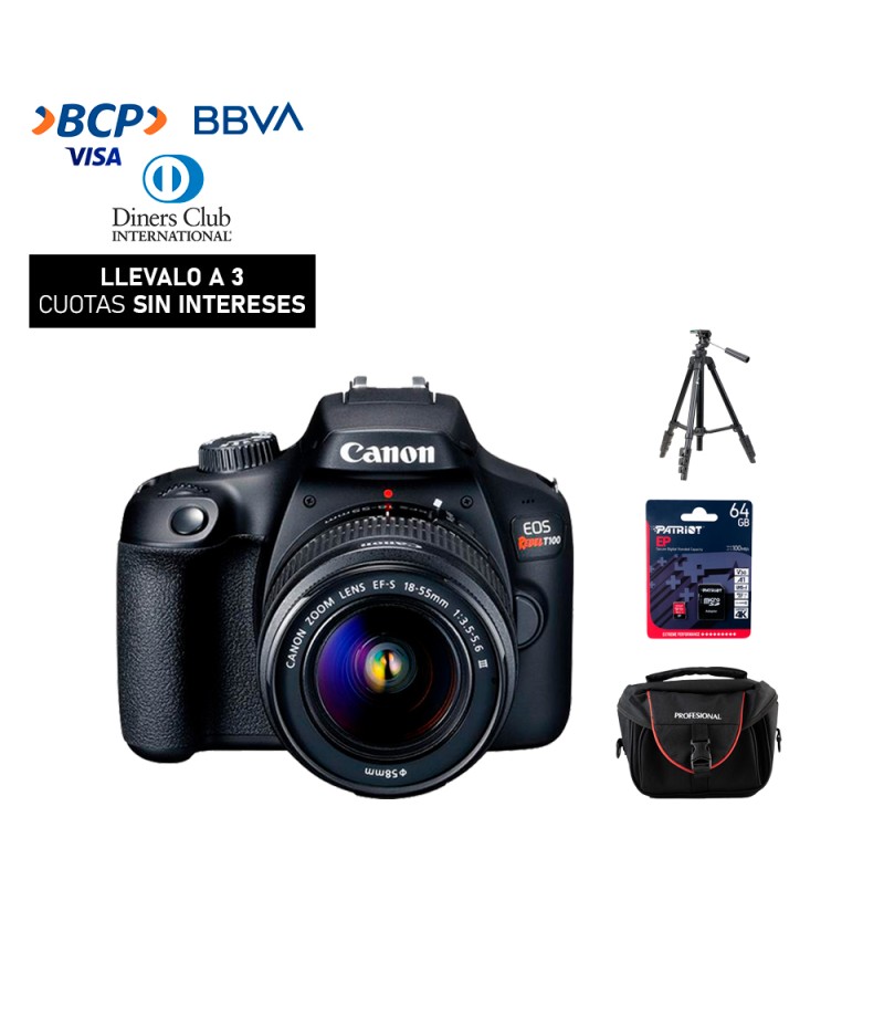 Camara Canon EOS Rebel T100 + Lente 18-55mm DC III + Tripode (Gratis: Estuche + Mem.64GB)