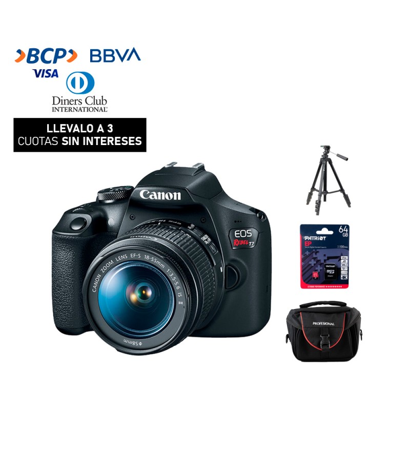 Camara Canon EOS T7 + Lente 18-55mm IS II + Tripode (Gratis: Estuche + Mem.64GB + Kit de Limpieza)