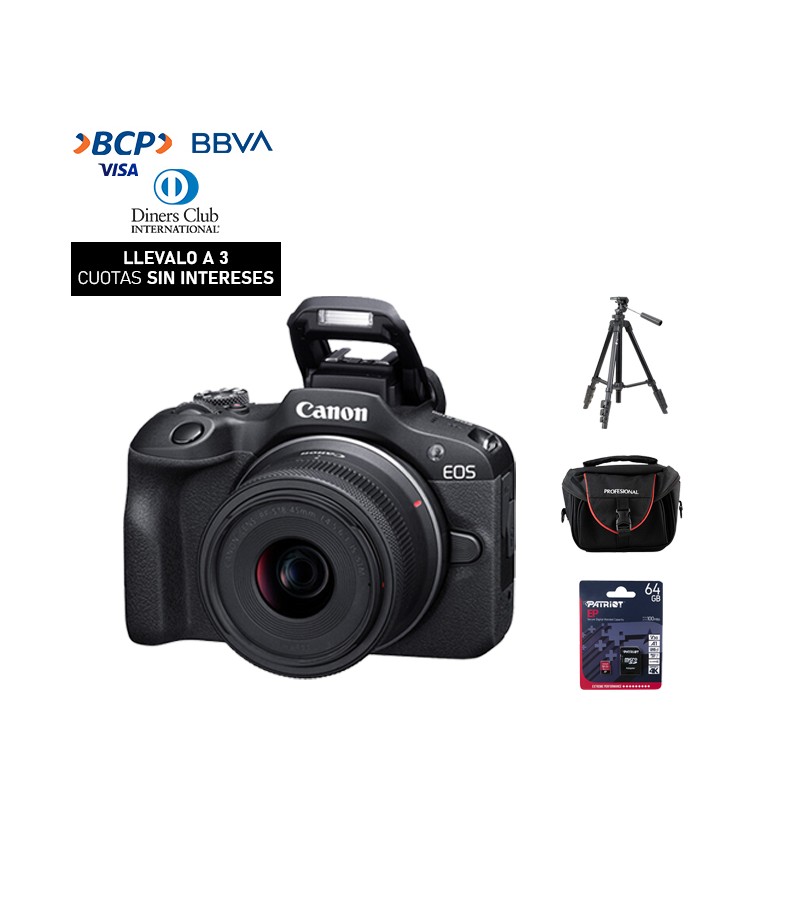 Camara Canon EOS R100 + 18-45mm IS STM (Gratis: Tripode + Estuche + Mem.64GB)