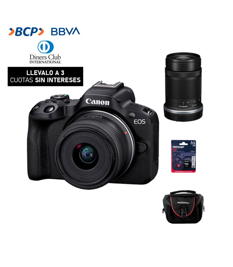 Camara Canon EOS R50 + RF 18-45mm IS STM + RF-S 55-210 IS STM (Gratis: Estuche + Mem.64GB + Kit de Limpieza)