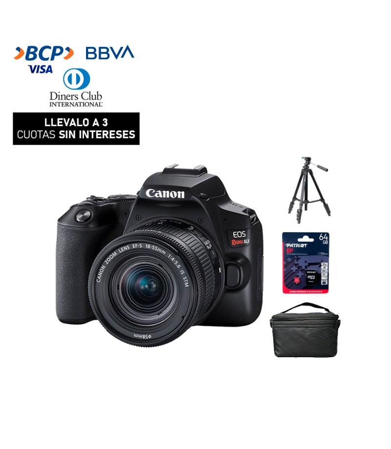 Camara Canon EOS Rebel SL3 + 18-55mm IS STM + Tripode (Gratis: Estuche + Mem.64GB + Kit de Limpieza)