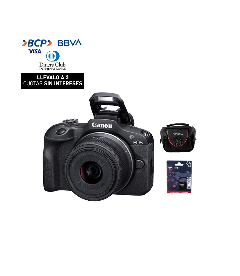 Camara Canon EOS R100 + 18-45mm IS STM (Gratis: Estuche + Mem.64GB)