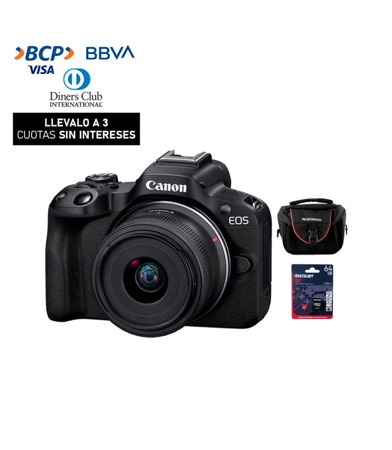 Camara Canon EOS R50 + RF 18-45mm IS STM (Gratis: Estuche + Mem.64GB)