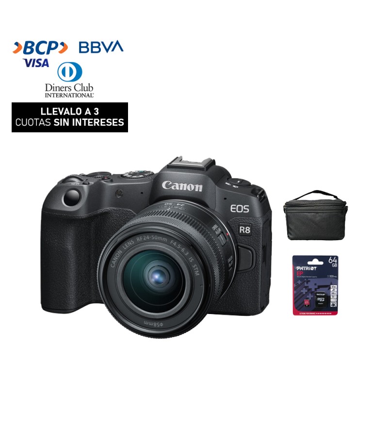 Camara Canon EOS R8 + RF 24-50MM IS STM (Gratis: Estuche + Mem.64GB)