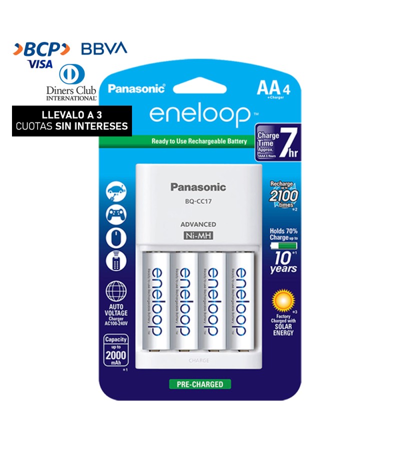 Pilas Recargables Panasonic Eneloop 1900mAh x4 AA + Cargador CC17